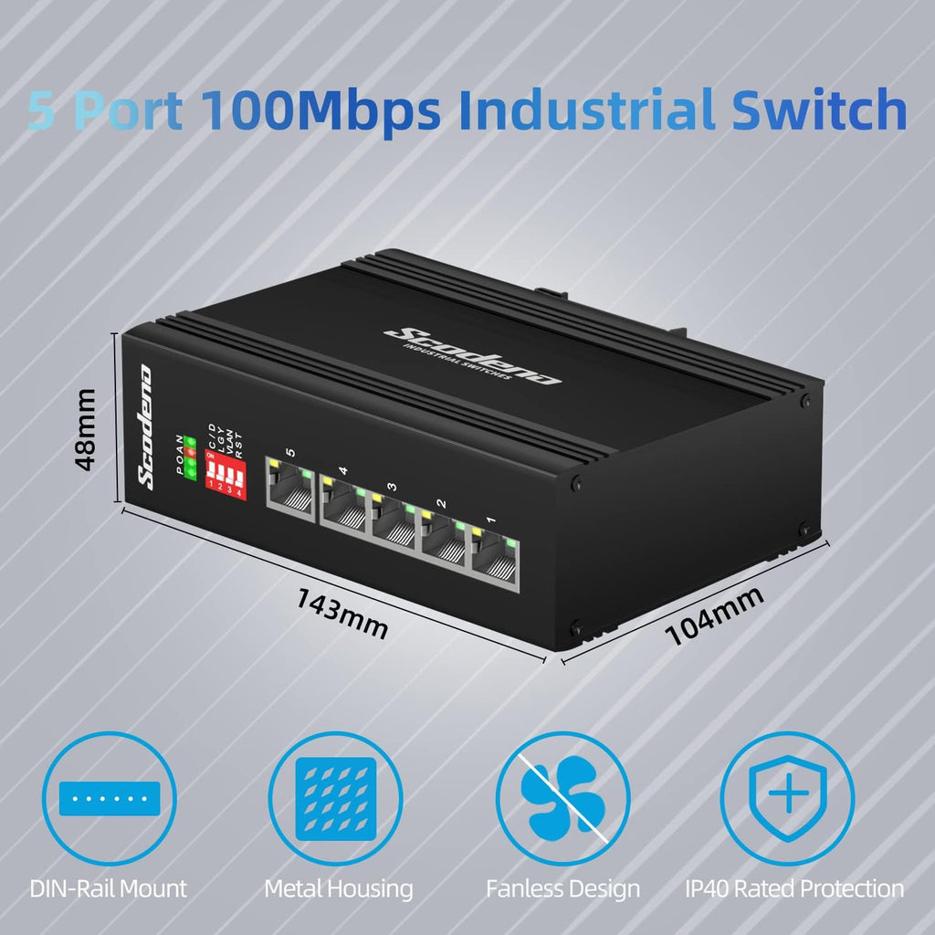 5 Port Industrial Ethernet Switch, DIN-Rail Mount, IP40, Metal Housing, Pack of 2 D437088