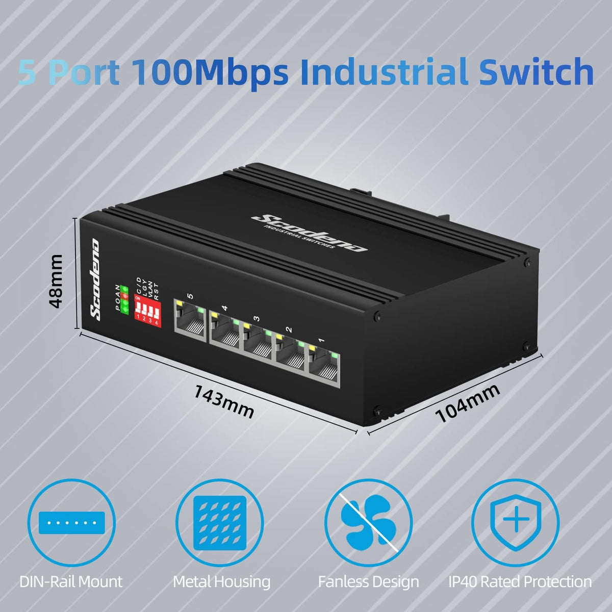5 Port Industrial Ethernet Switch, DIN-Rail Mount, IP40, Metal Housing, Pack of 2 D437088