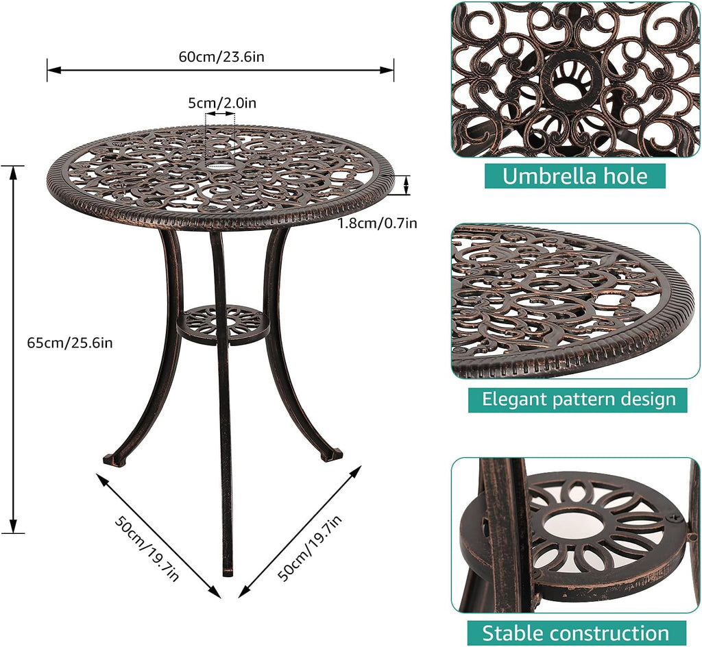 3 Piece Outdoor Cast Aluminum Bistro Set with Umbrella Hole, Bronze E30790