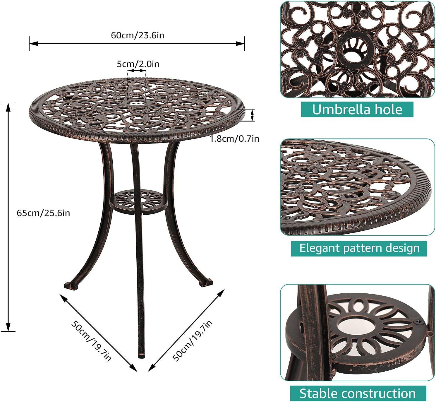 3 Piece Outdoor Cast Aluminum Bistro Set with Umbrella Hole, Bronze E30790