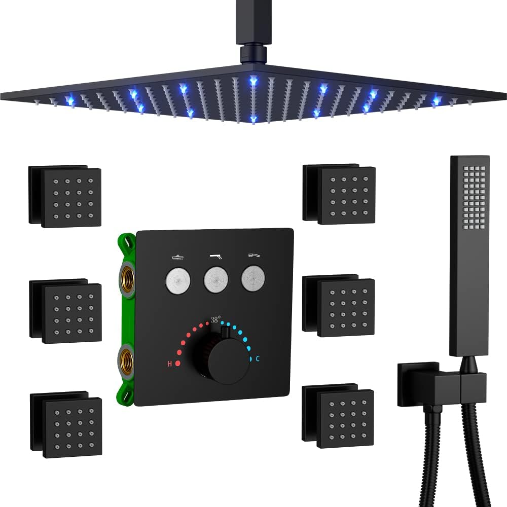 Matte Black 12 LED Rainfall Shower System with Handheld Shower G319