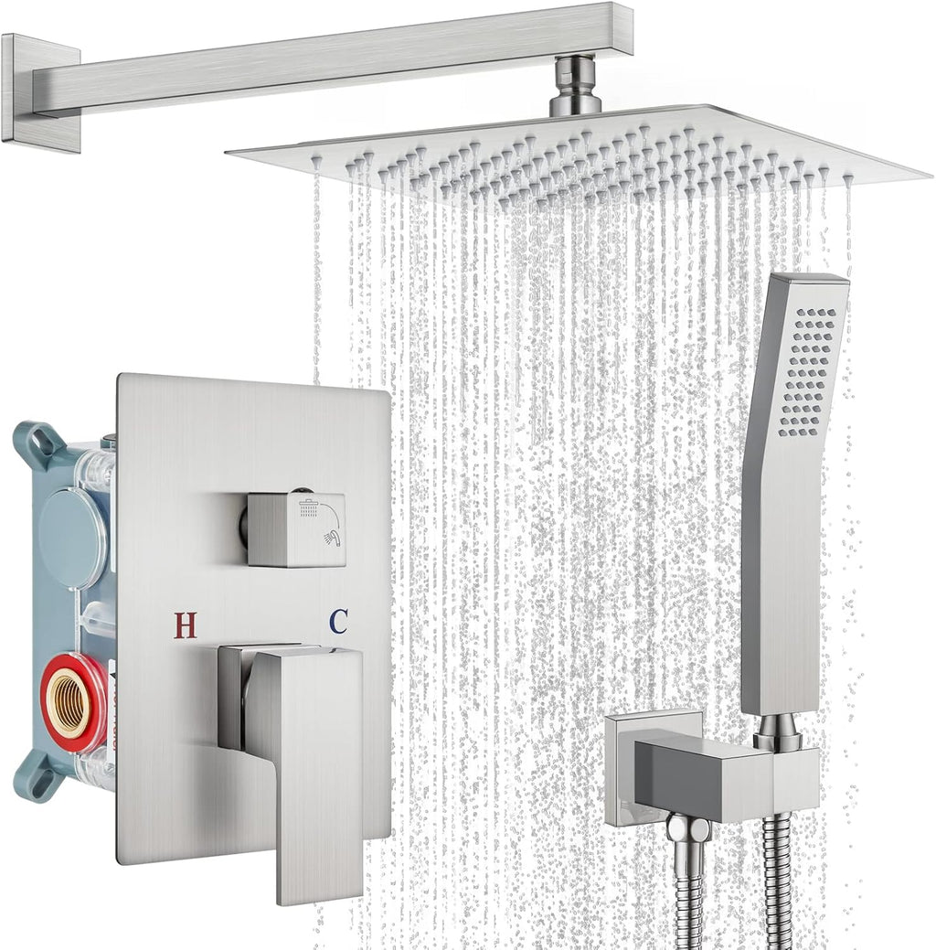 10 inch Wall Mounted Shower System with Hand Held Square Shower Head Polished Chrome J4146