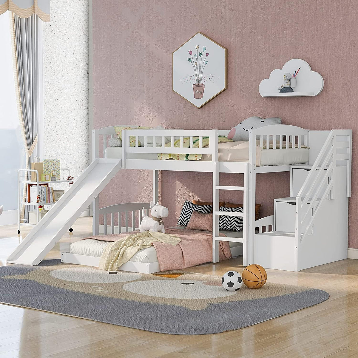 White Solid Wood Twin Over Twin Bunk Bed with Storage Staircase, Slide, Two Drawers P727