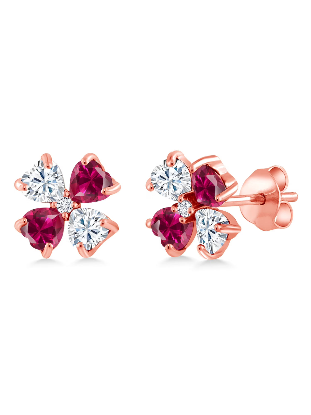 18K Rose Gold Plated Silver White Moissanite Red Created Ruby and White Lab Grown Diamond Earrings A2403