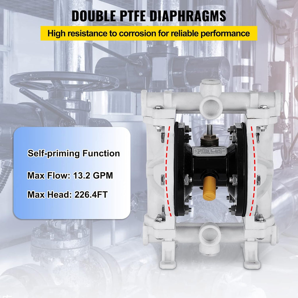 Air-Operated Double Diaphragm Pump 1/2 inch Polypropylene 13 GPM Max 100PSI P5953