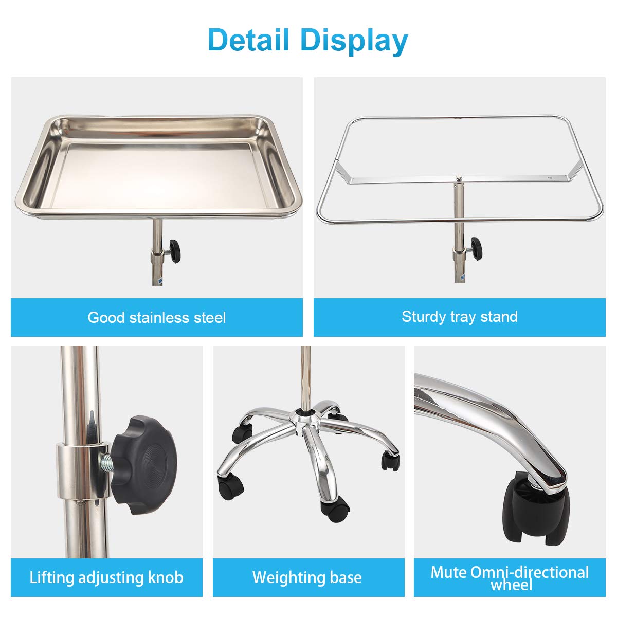 Mayo Instrument Stand with Mobile 5 Caster Base, Lift Out Work Tray, Pack of 2 G906