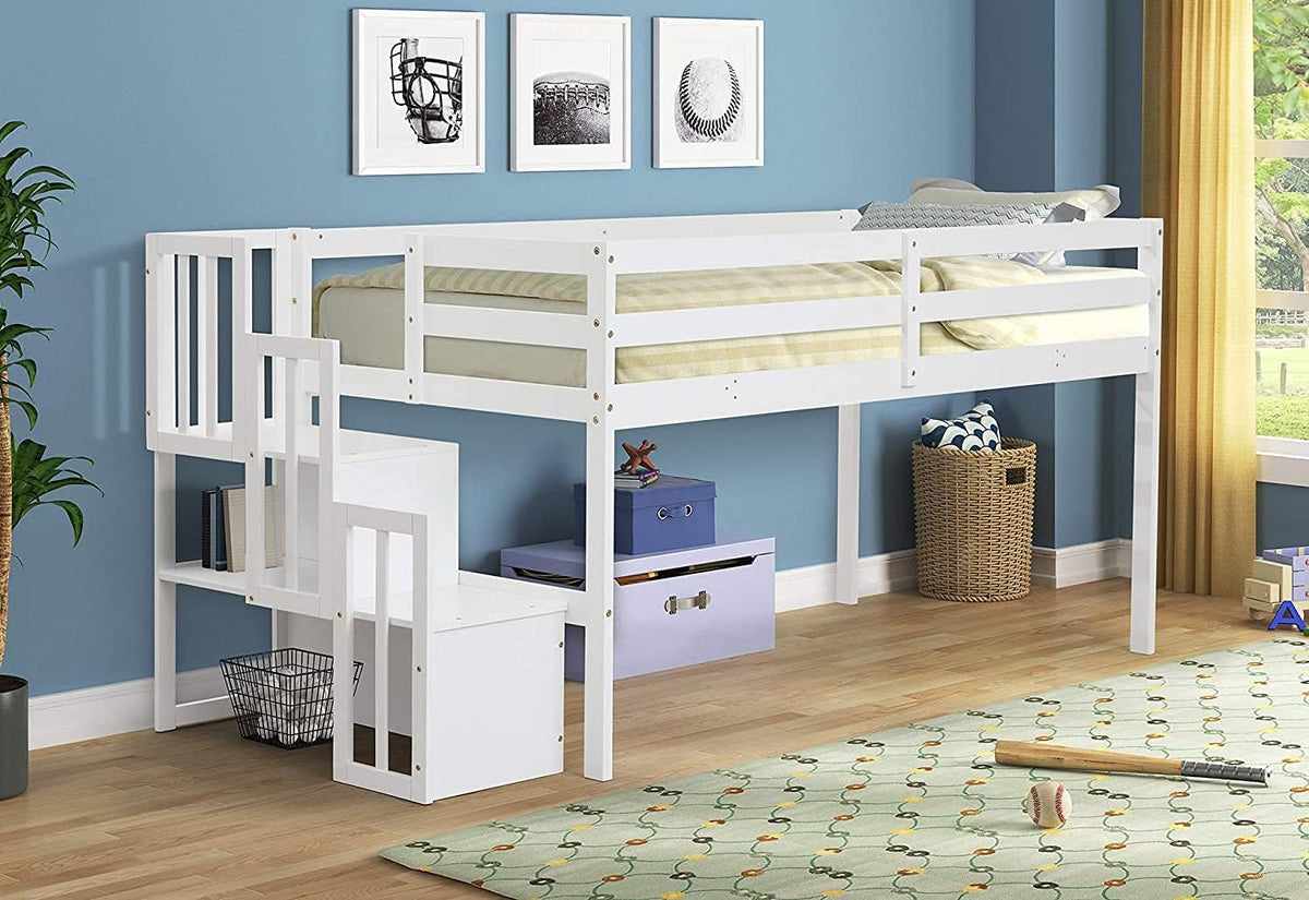 White Solid Wood Twin Over Twin Bunk Bed with Storage Staircase, Slide, Two Drawers P727