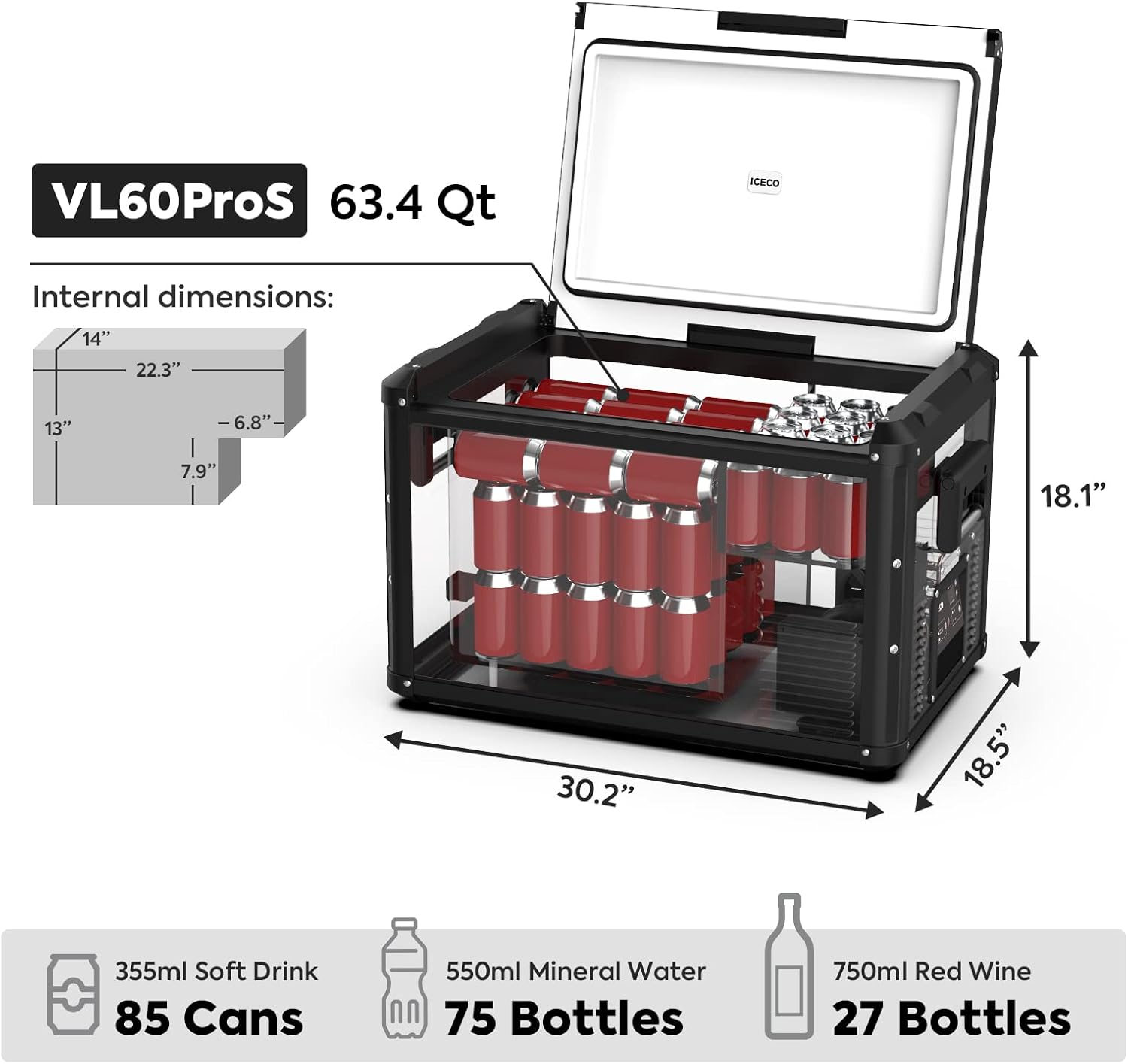 Portable Refrigerator, 60L Steel Compact Refrigerator, Dual USB & DC 12/24V, AC 110-240V R2816