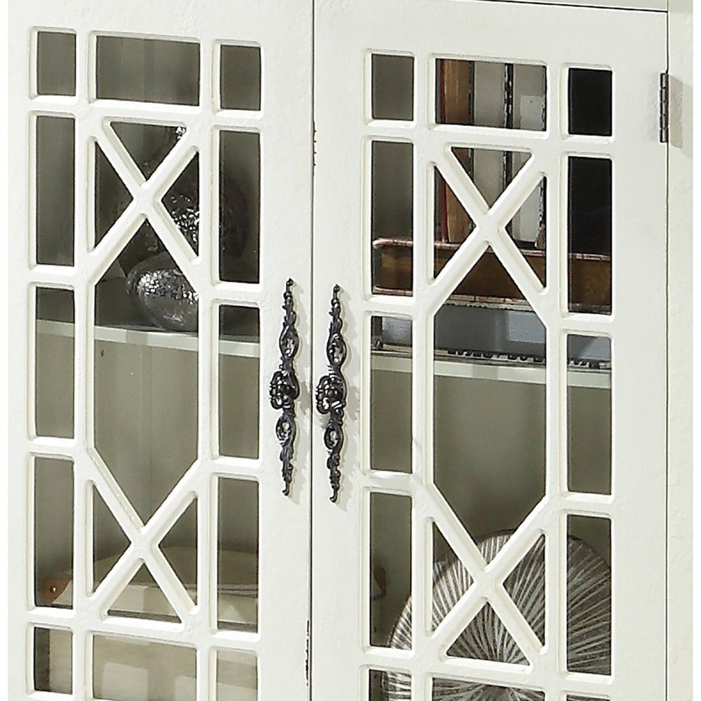 White 2 Door Accent Chest with Glass Inlay and Turned Feet H8089