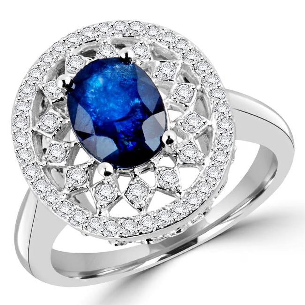 Oval Blue Sapphire Halo Cocktail Ring in 14K White Gold B697909