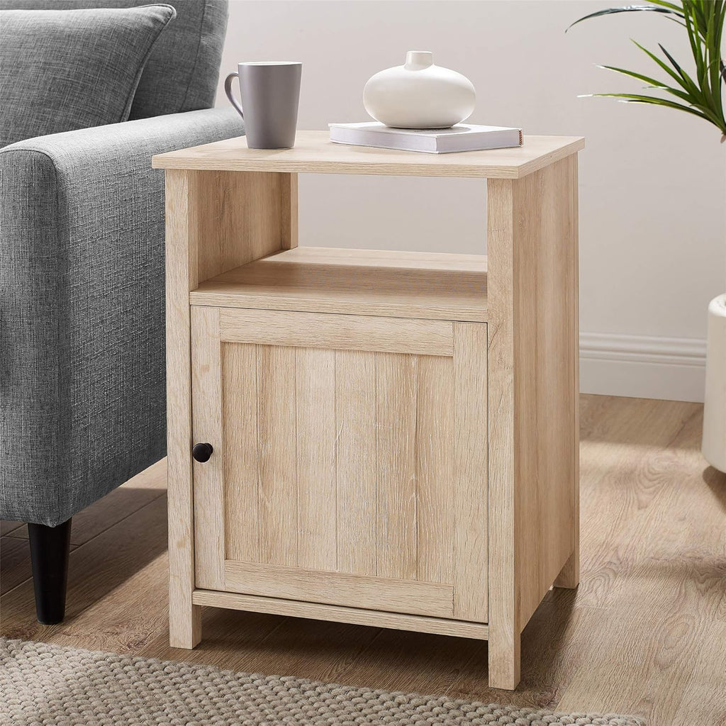 Rustic Oak Wood Side Accent Table with Cabinet Door J53975