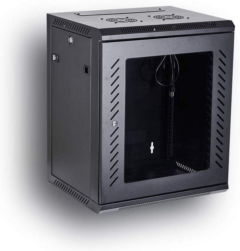 Black 18U Wall Mount Server Rack Cabinet with Locking Tempered Glass Door J4157