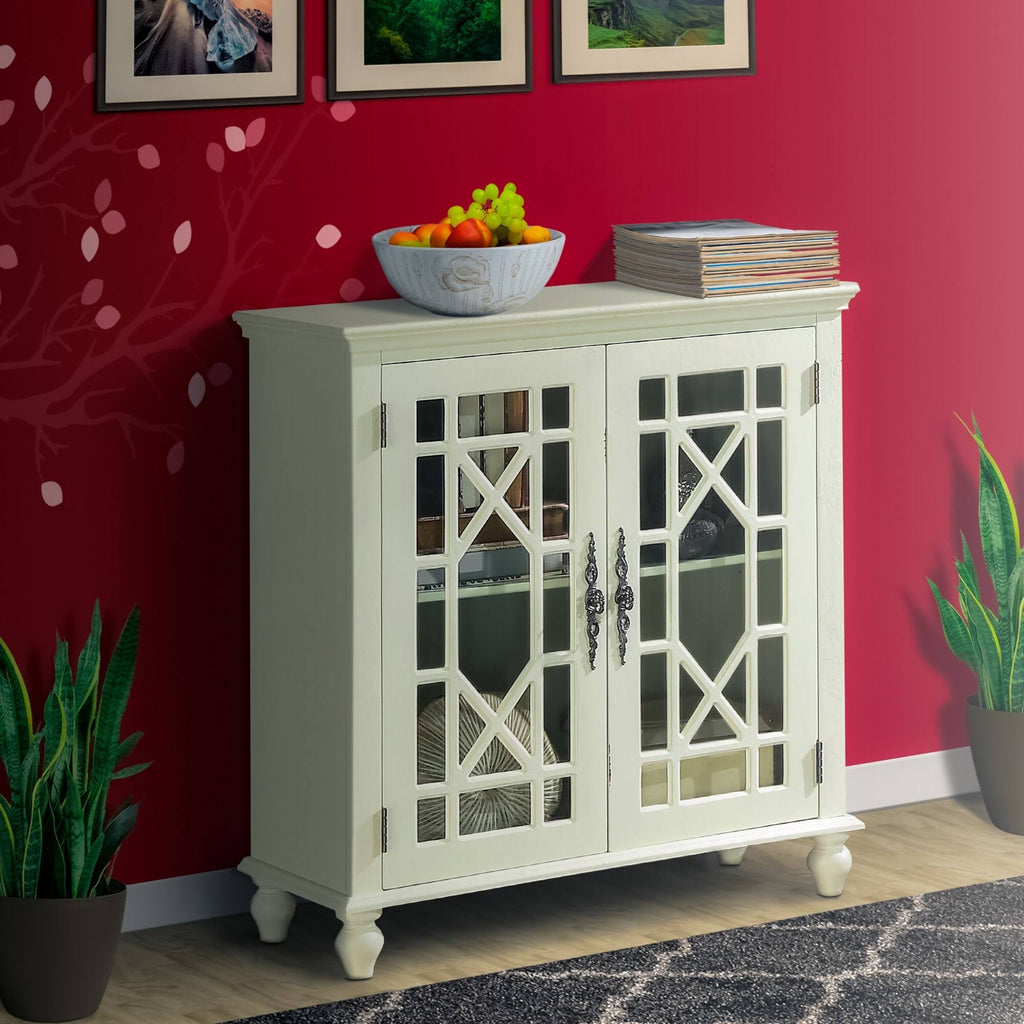 White 2 Door Accent Chest with Glass Inlay and Turned Feet H8089