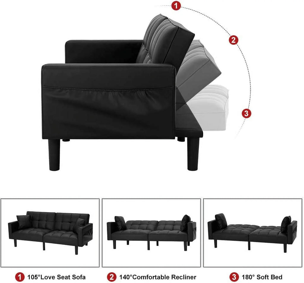 Black Convertible Leather Folding Sofa Bed T9829