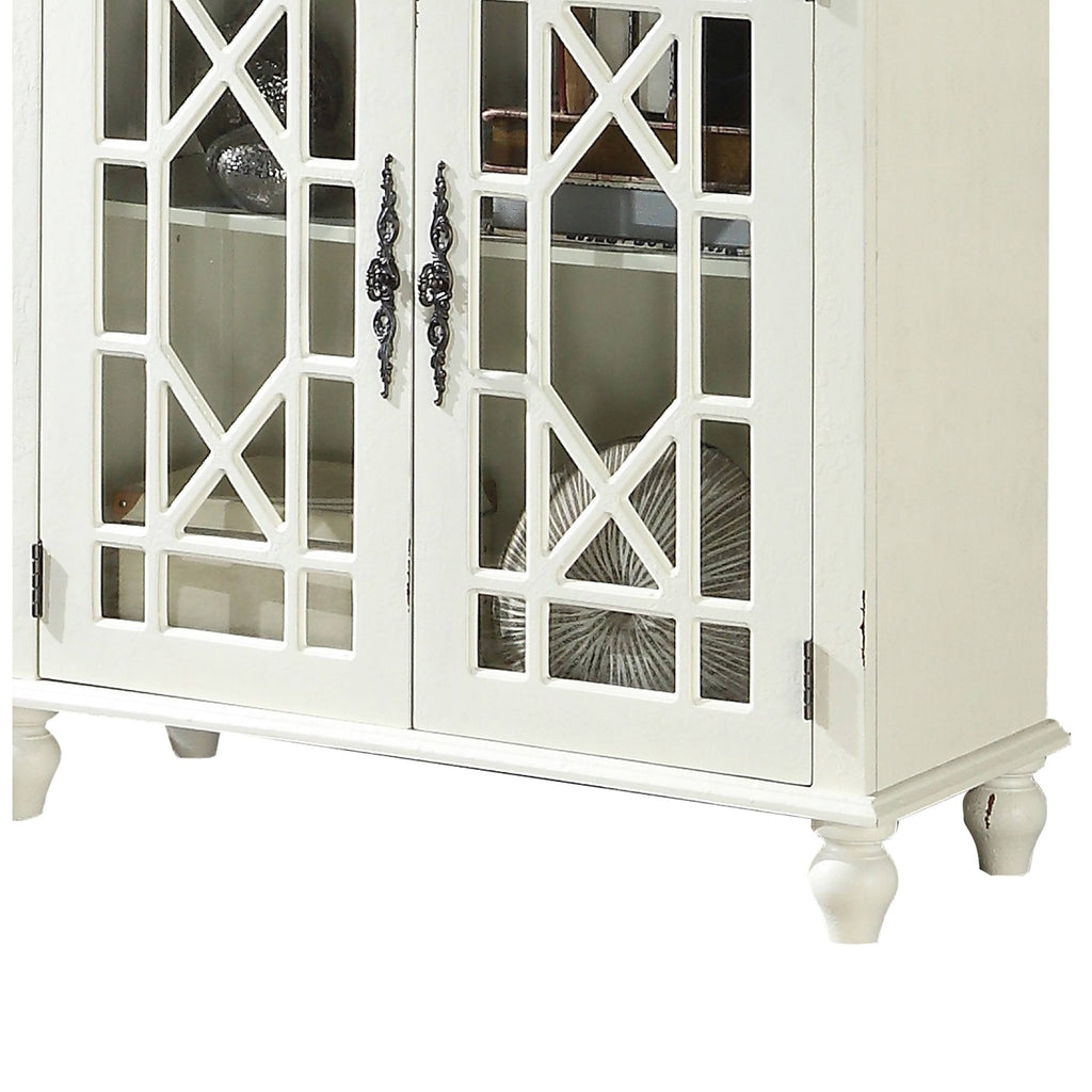 White 2 Door Accent Chest with Glass Inlay and Turned Feet H8089