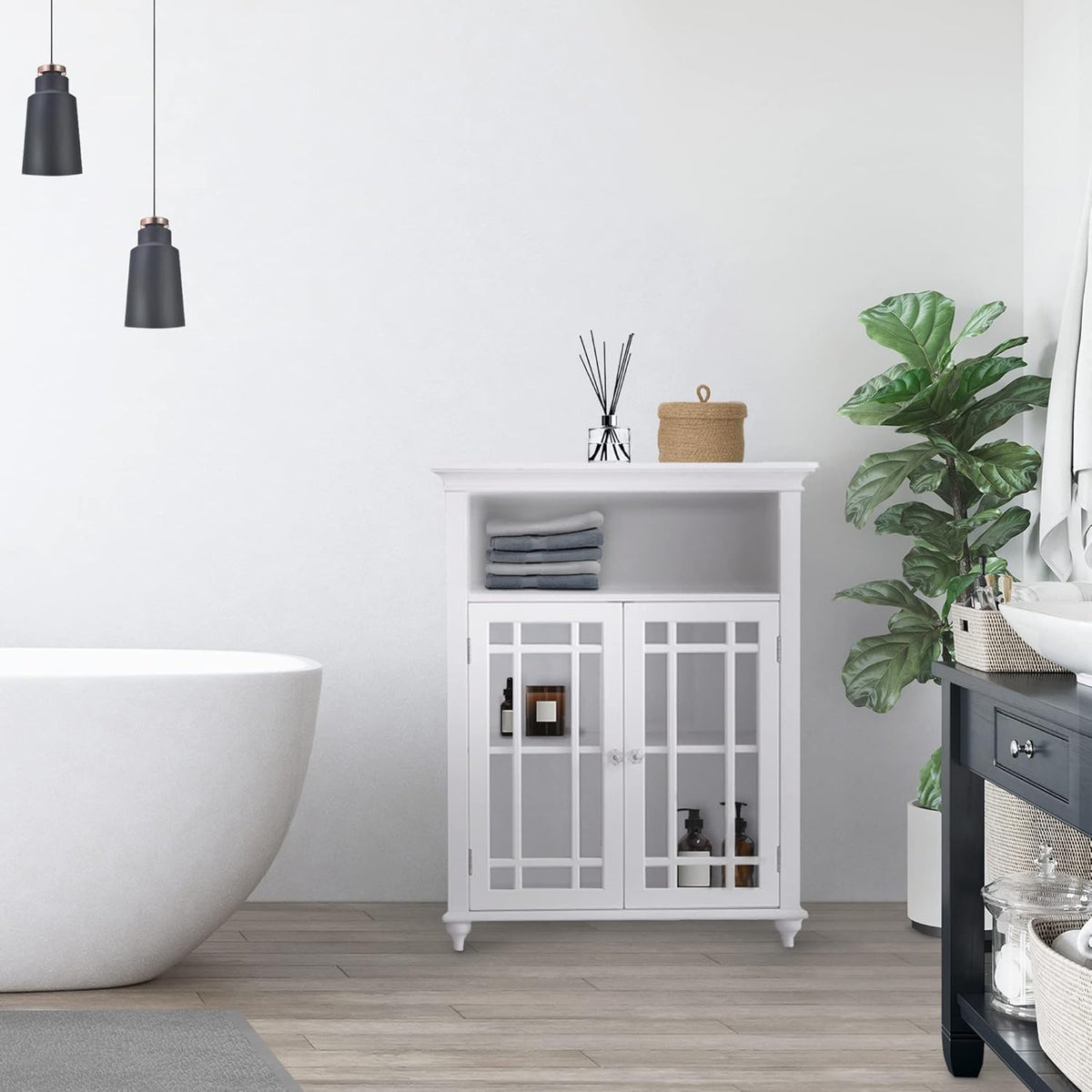 White Freestanding Floor Cabinet with 2 Glass Doors and 1 Open Shelf Q383