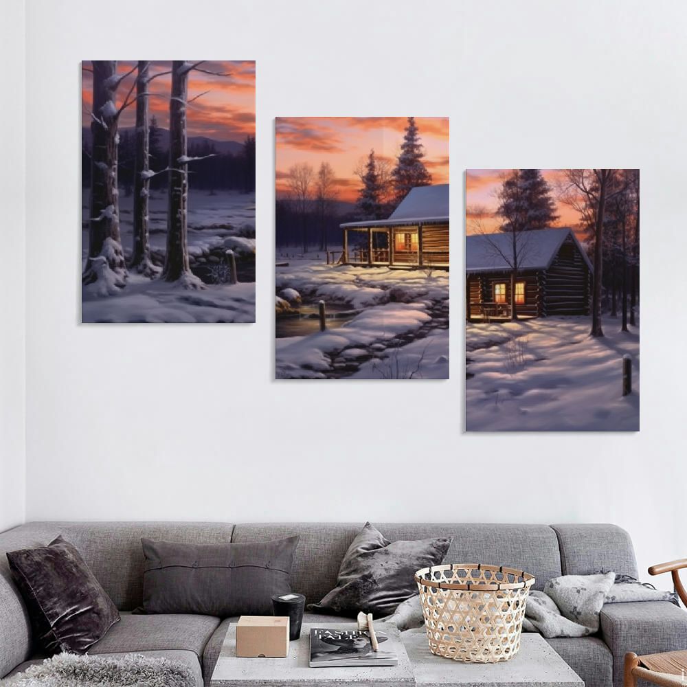 Blue Winter Rustic Canvas Wall Art 12''x16''X3 Panels K37200