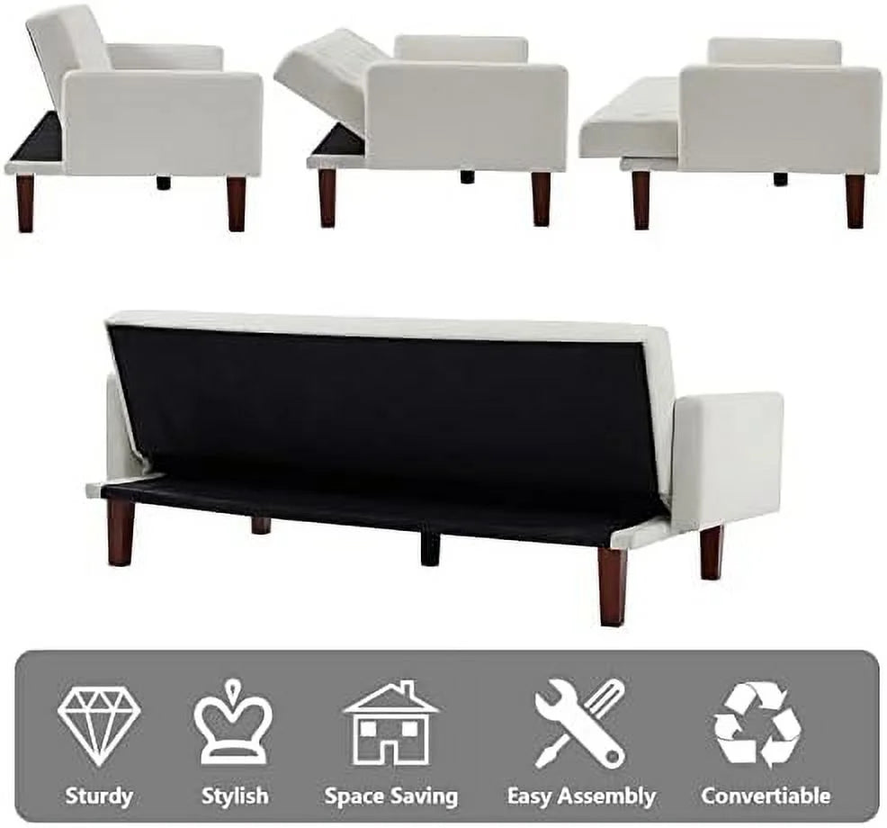 Grey Linen Upholstered Futon Sofa Bed 74" Tufted 3 Seater Z833592