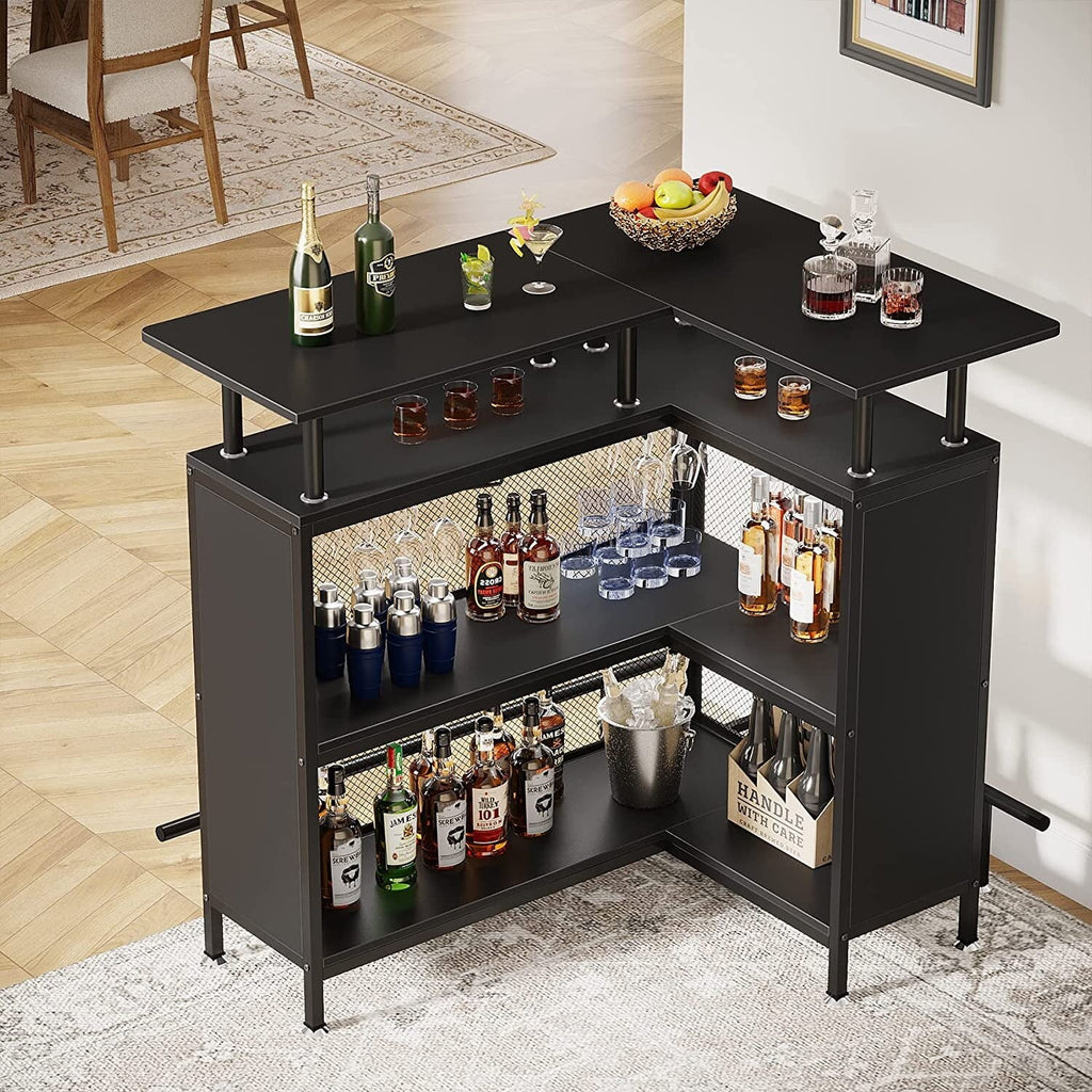 Black L-shape Liquor Bar Table with 2-Tier Storage I545