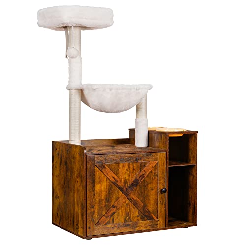 Cat Tree with XL Litter Box Enclosure, Rustic Gray L4310