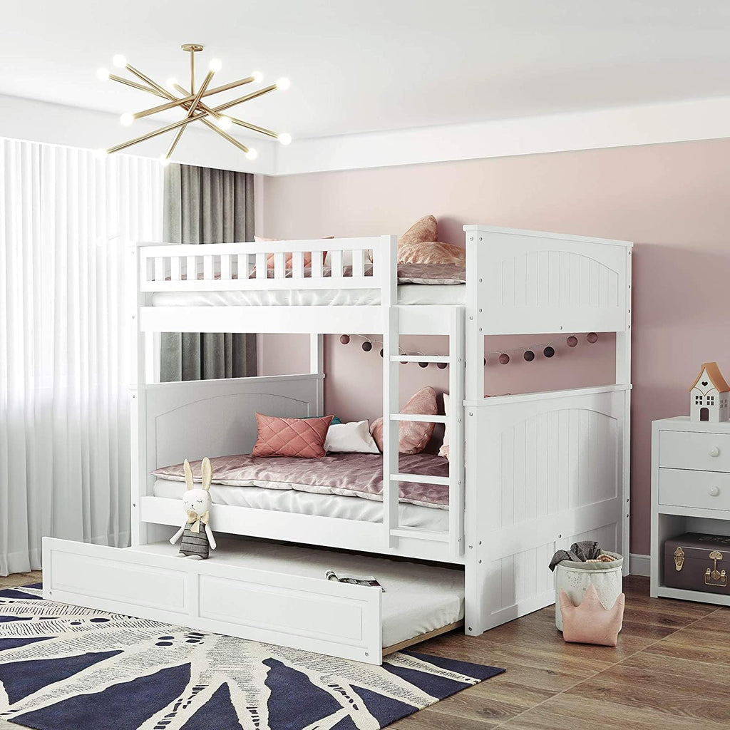 White Solid Wood Twin Over Twin Bunk Bed with Storage Staircase, Slide, Two Drawers P727