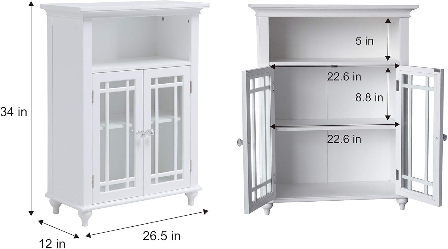 White Freestanding Floor Cabinet with 2 Glass Doors and 1 Open Shelf Q383