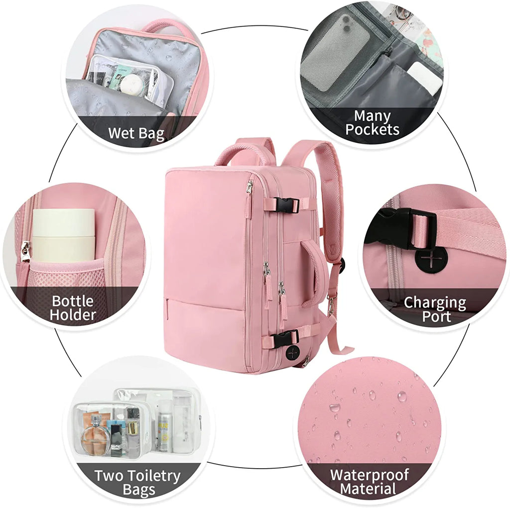 Pink Waterproof Travel Backpack with 2pcs Wash Bags H368