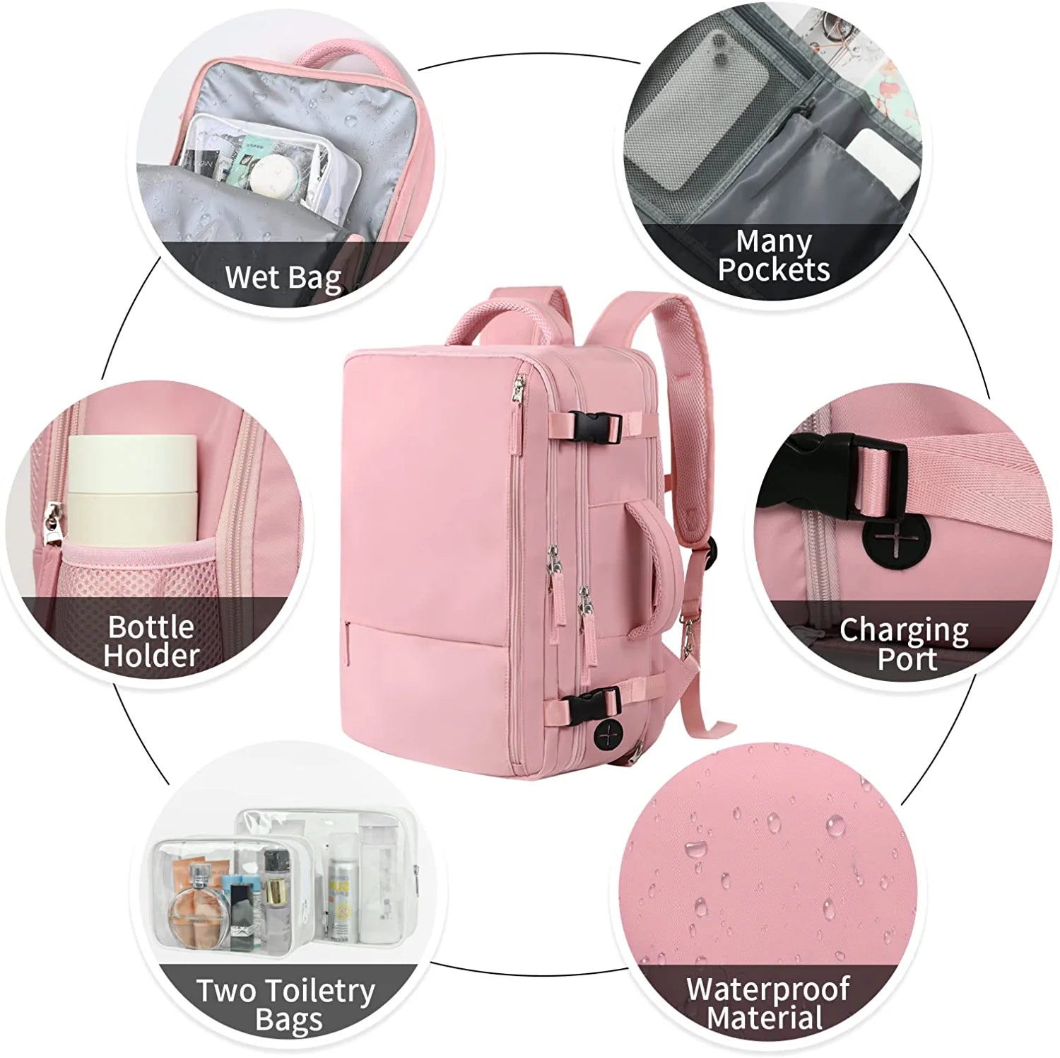 Pink Waterproof Travel Backpack with 2pcs Wash Bags H368