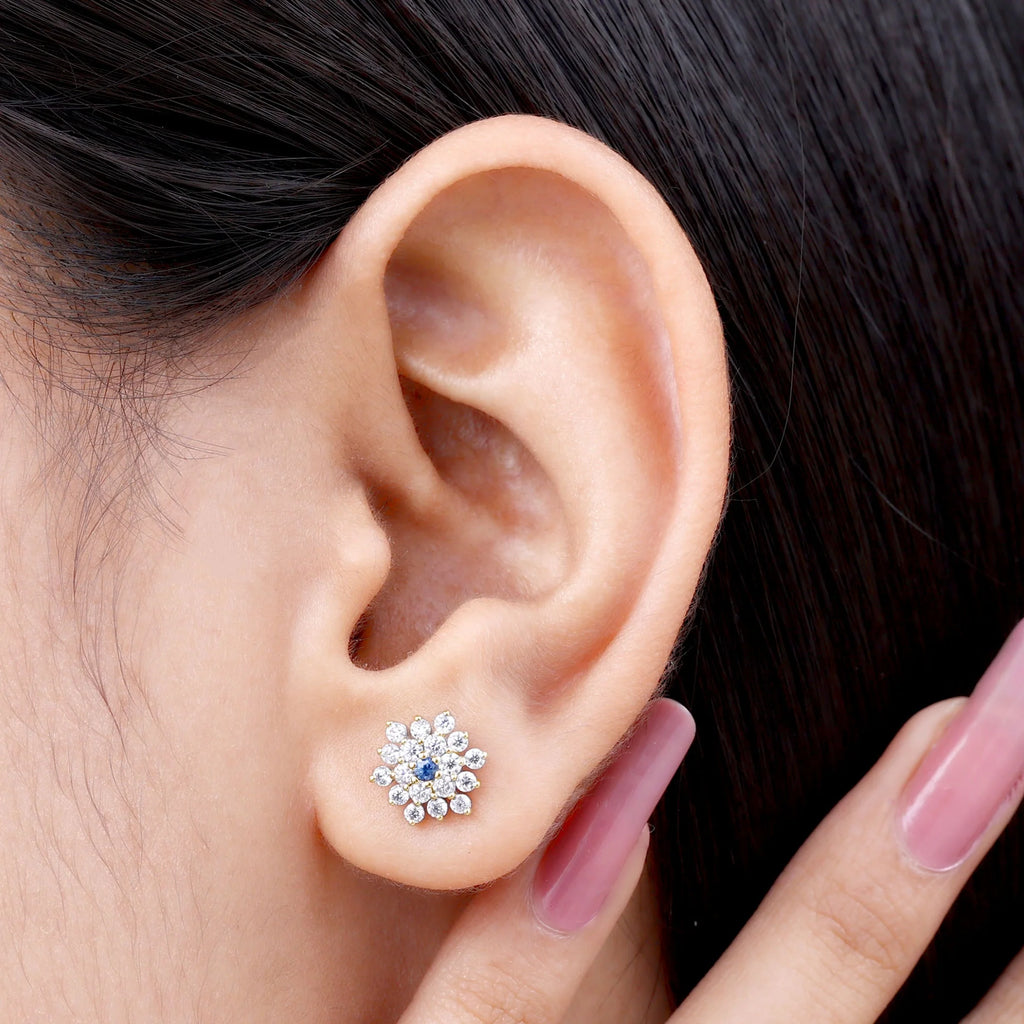 Blue Sapphire Floral Earrings with Diamond, 10K Yellow Gold P6564