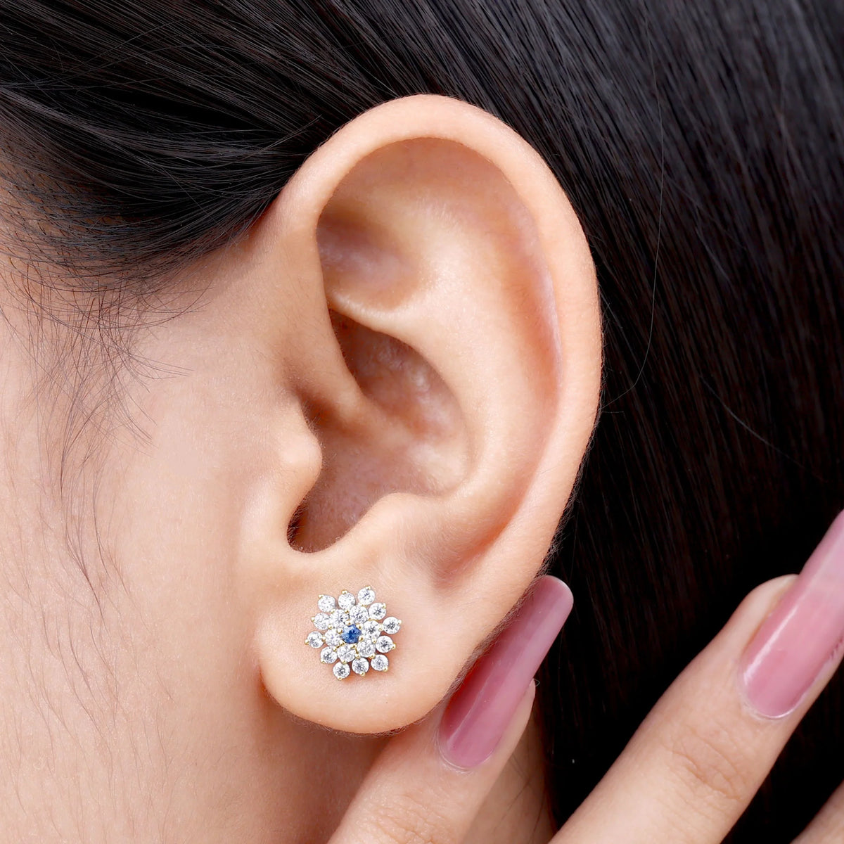 Blue Sapphire Floral Earrings with Diamond, 10K Yellow Gold P6564