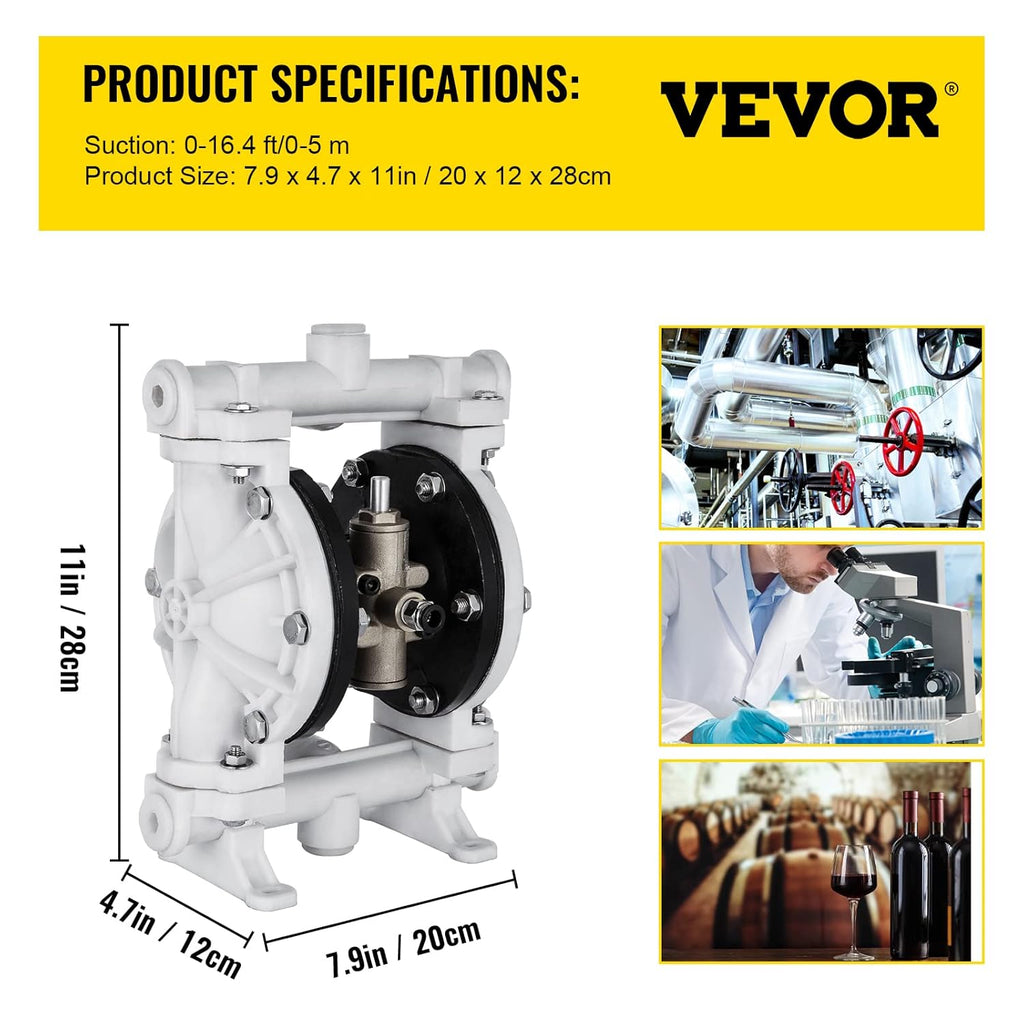 Air-Operated Double Diaphragm Pump 1/2 inch Polypropylene 13 GPM Max 100PSI P5953
