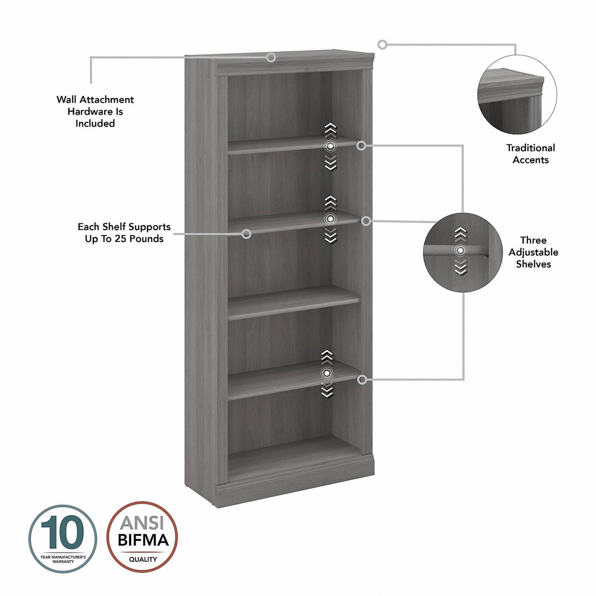 Linen White Oak 5 Shelf Bookcase L53798