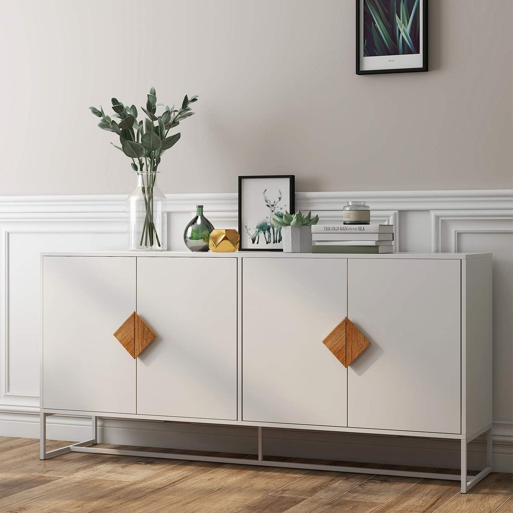 White 2 Door Sideboard with Solid Wood Handles and Metal Legs R4068
