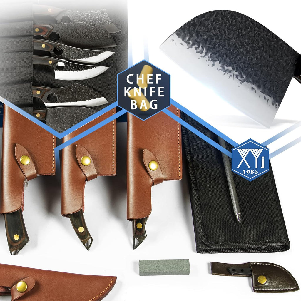 FULL TANG Camping Knives Set with Leather Knife Sleeves and Roll Bag B95396