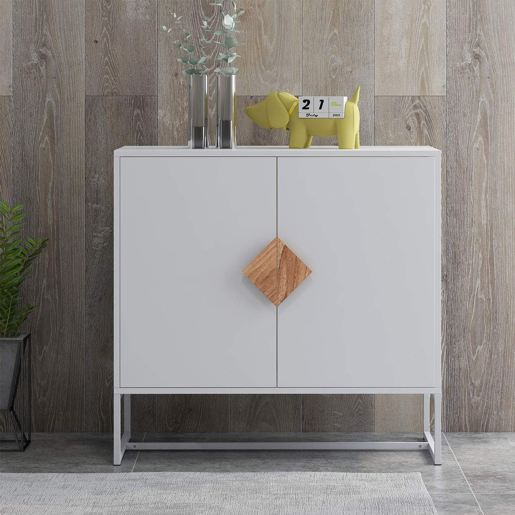 White 2 Door Sideboard with Solid Wood Handles and Metal Legs R4068
