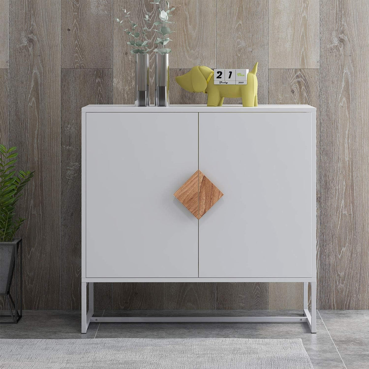 White 2 Door Sideboard with Solid Wood Handles and Metal Legs R4068