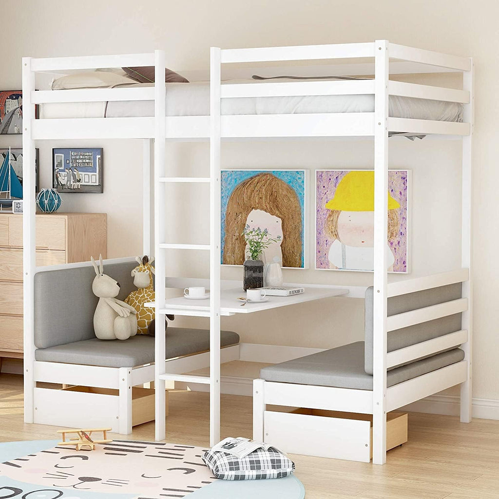 White Solid Wood Twin Over Twin Bunk Bed with Storage Staircase, Slide, Two Drawers P727