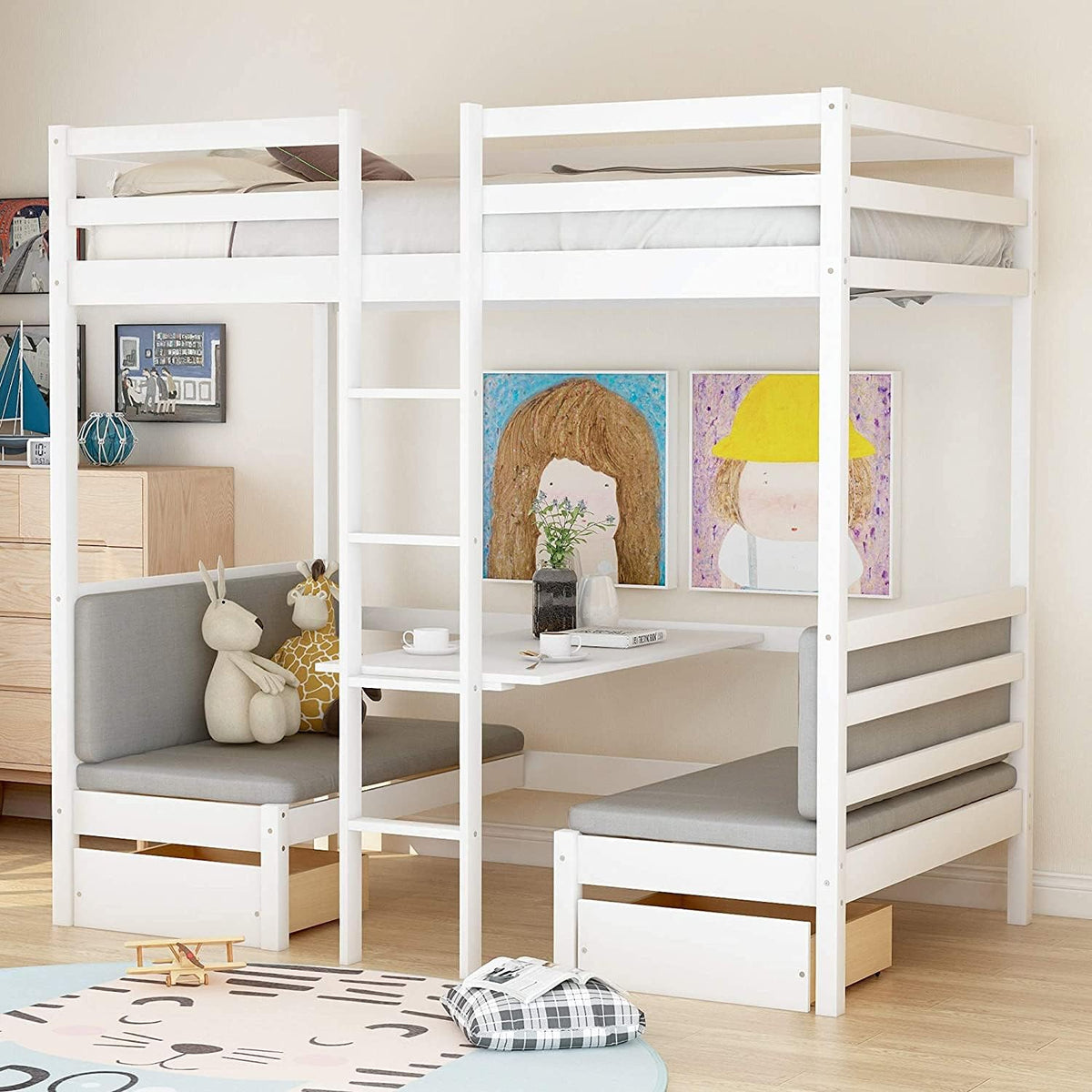 White Solid Wood Twin Over Twin Bunk Bed with Storage Staircase, Slide, Two Drawers P727