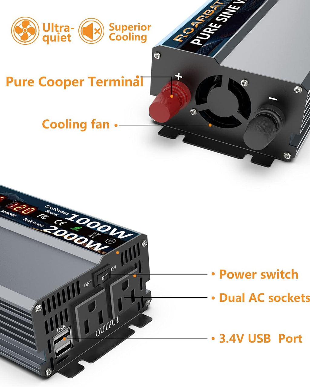 1000 Watt 12V DC to 110V AC Power Inverter with 2 AC Outlets and USB Port P63332