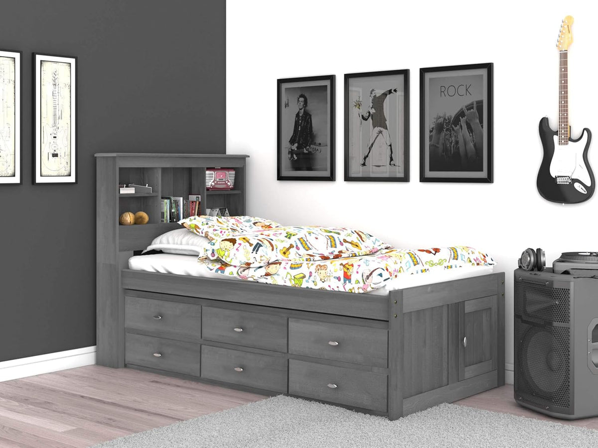 Charcoal Twin Bookcase Bed with 6 Drawers J70142