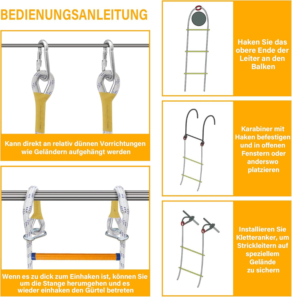 Emergency Fire Escape Ladder Flame Resistant Safety Extension Rope Ladder with 2 Hooks, 2M / 6.6FT E274100