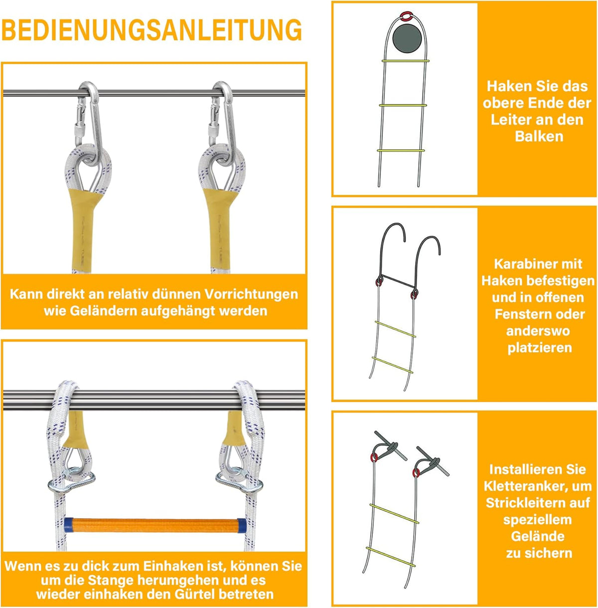 Emergency Fire Escape Ladder Flame Resistant Safety Extension Rope Ladder with 2 Hooks, 2M / 6.6FT E274100