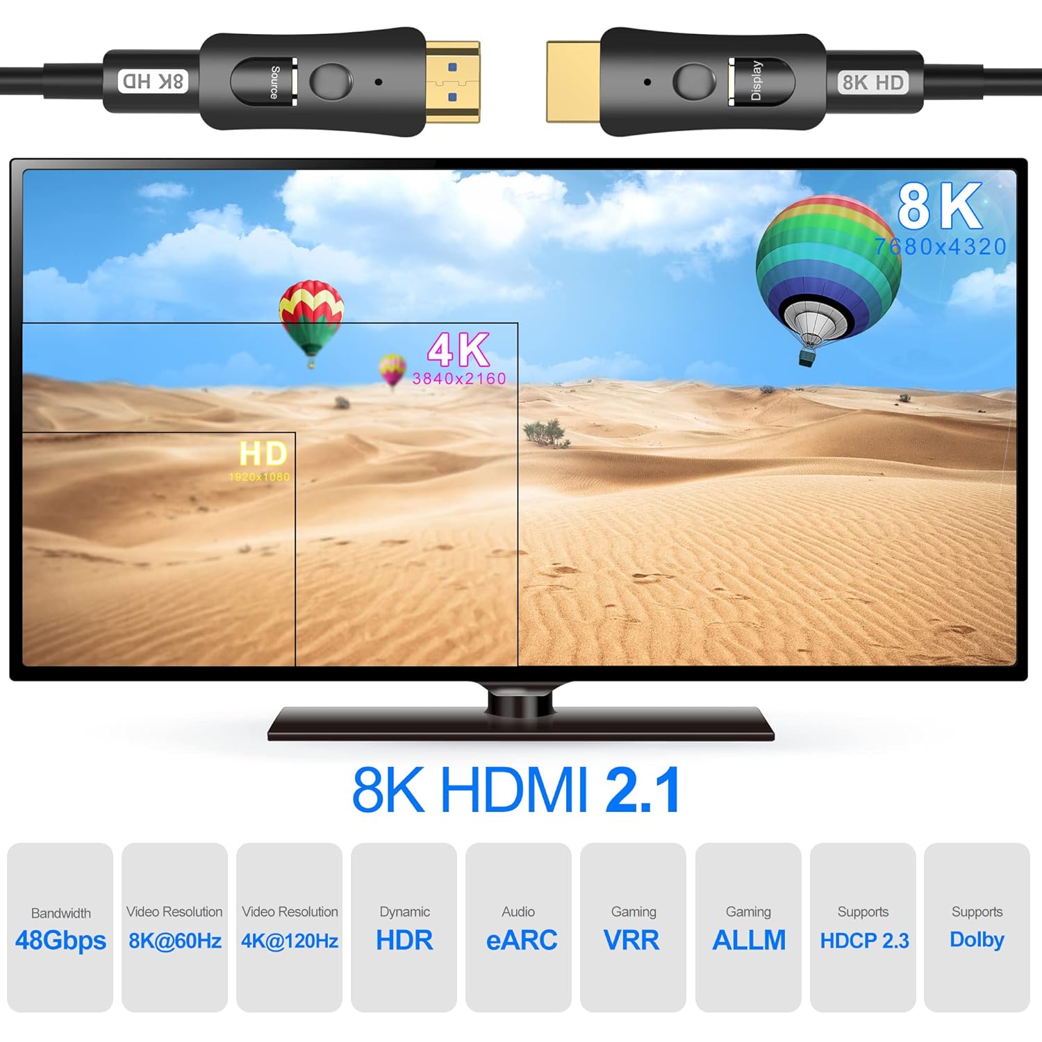 8K Fiber Optic HDMI Cable 100ft with Dual Micro HDMI and Standard HDMI Connectors N2371