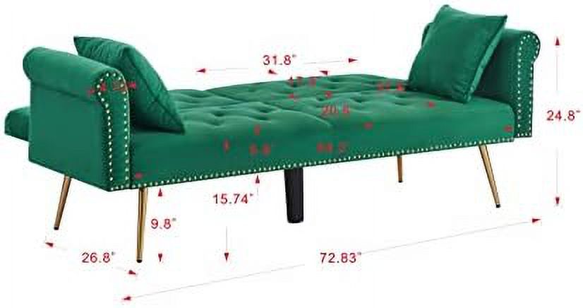 Modern Velvet 2 in 1 Futon Sofa Bed with 2 Pillows 73" Golden Chrome Legs W9239