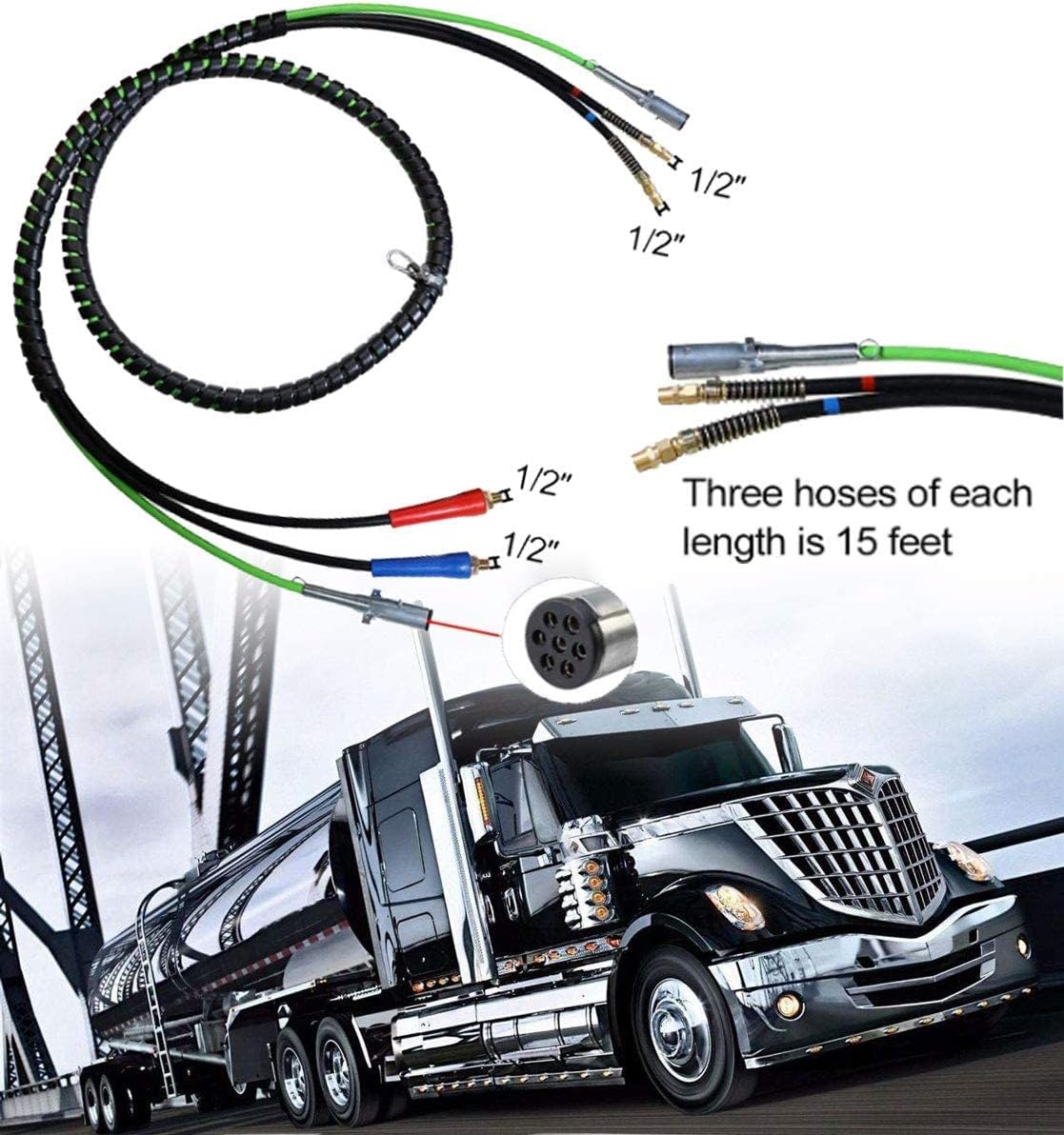 15Ft 3in1 ABS & Power Air Line Hose Assemblies for Semi Truck Trailer Tractor F6882