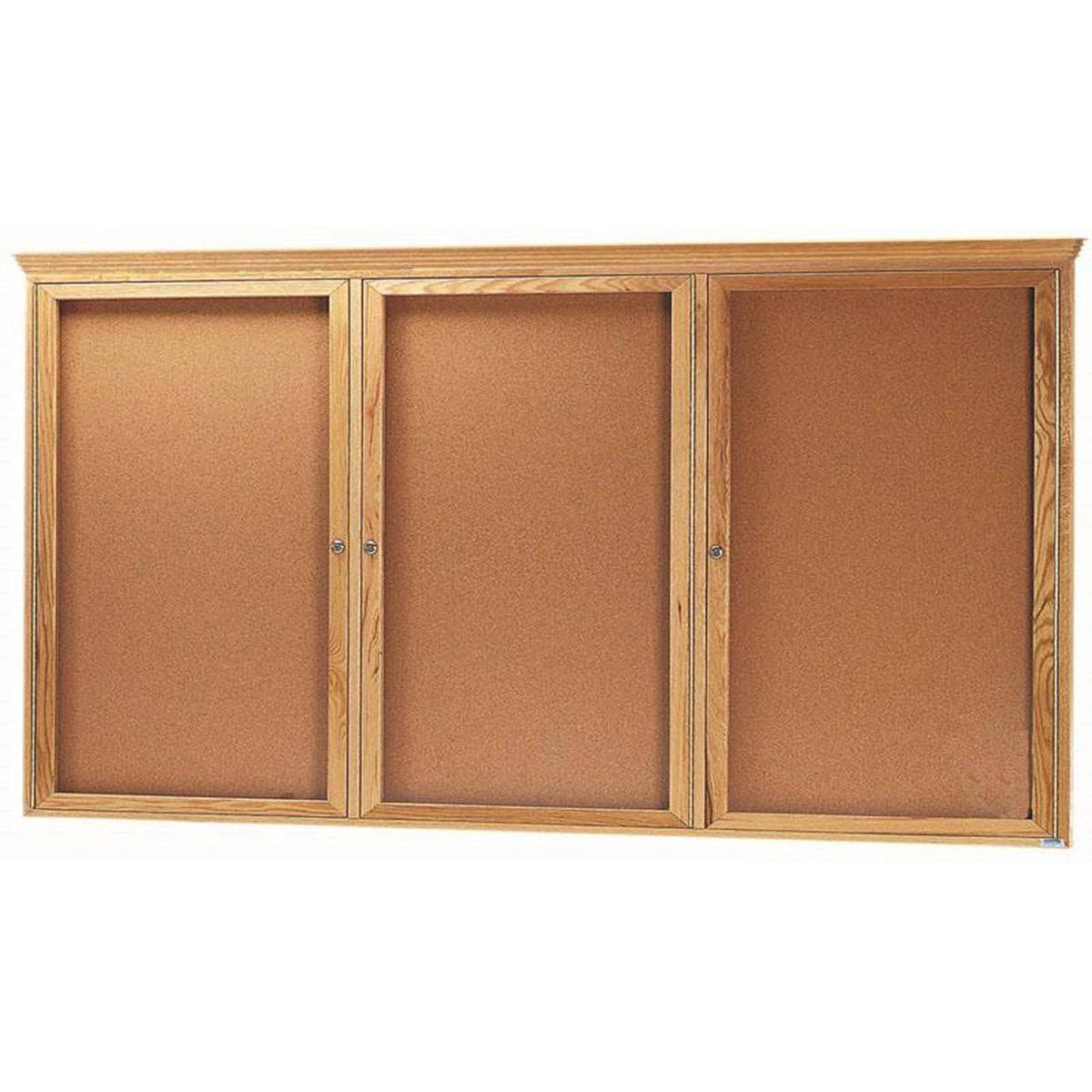 Oak Enclosed Wall Mounted Bulletin Board Three Doors 36x22 H x 72x22 W C18244