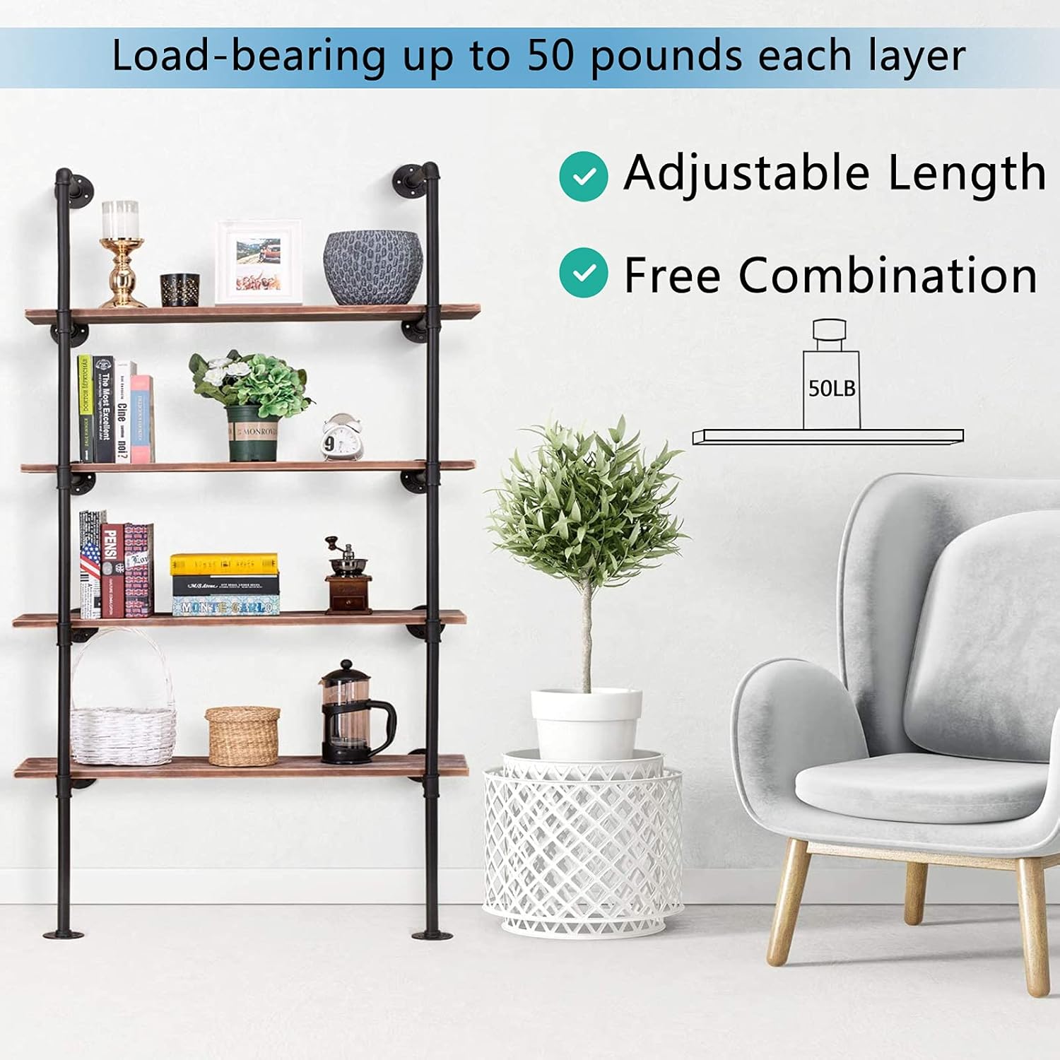 2 Pack 5 Tier Industrial Iron Pipe Shelf P826