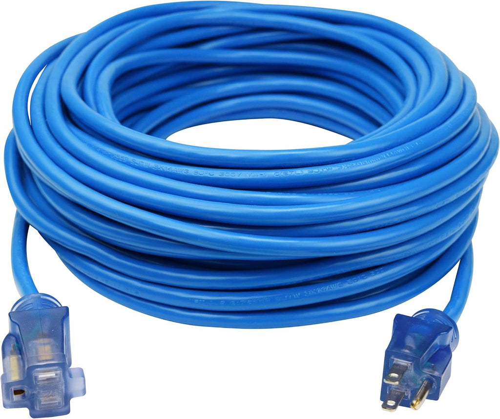 100ft 14/3 SJTW Blue Extreme Cold Weather Extension Cord with Power Indicator Light F6828