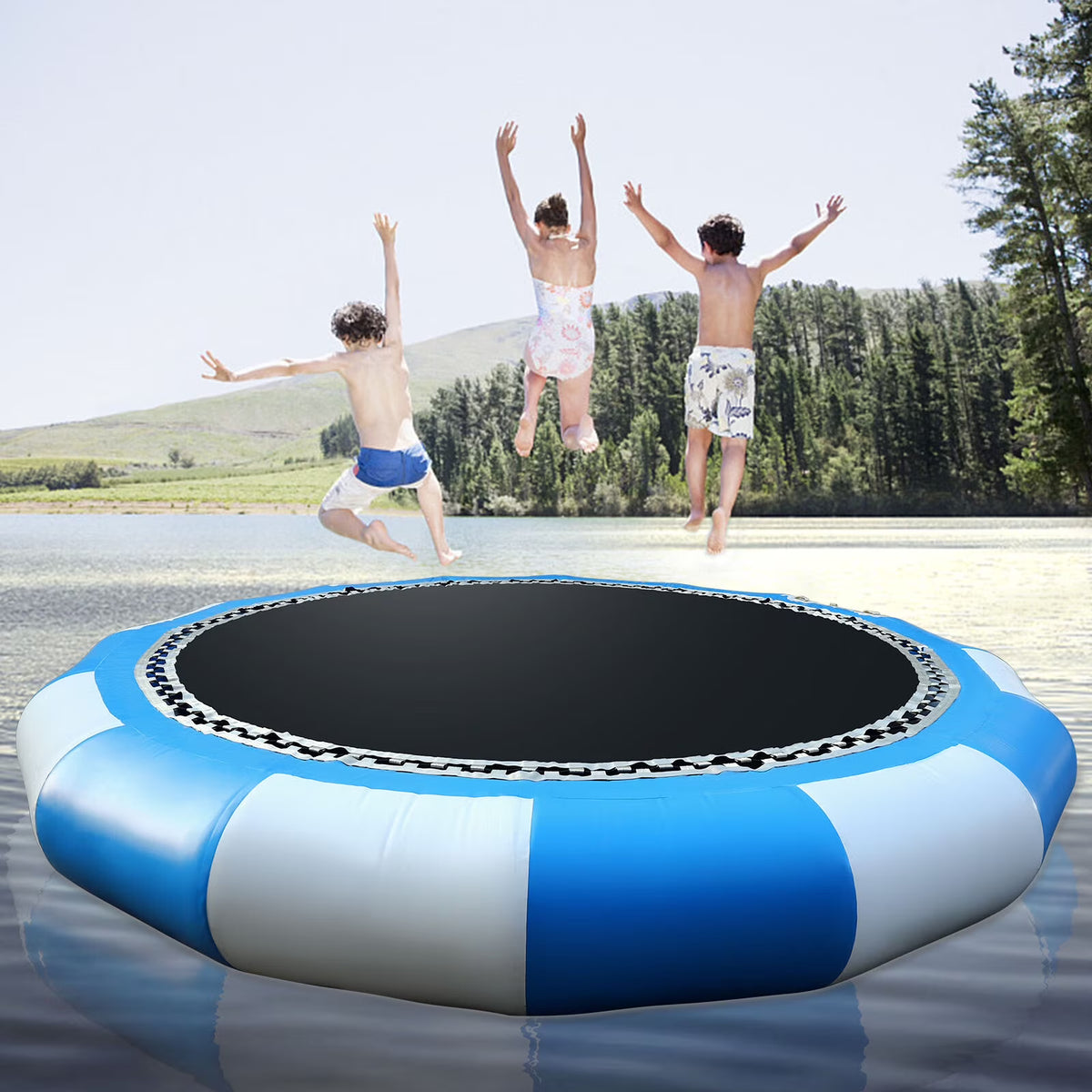 16.4Ft Inflatable Water Trampoline Blue & White 880Lb Capacity Floating Platform with Ladder N50822