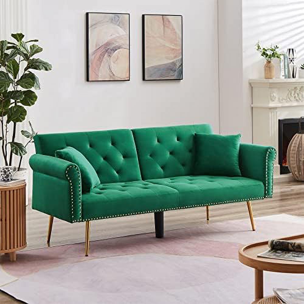 Modern Velvet 2 in 1 Futon Sofa Bed with 2 Pillows 73" Golden Chrome Legs W9239